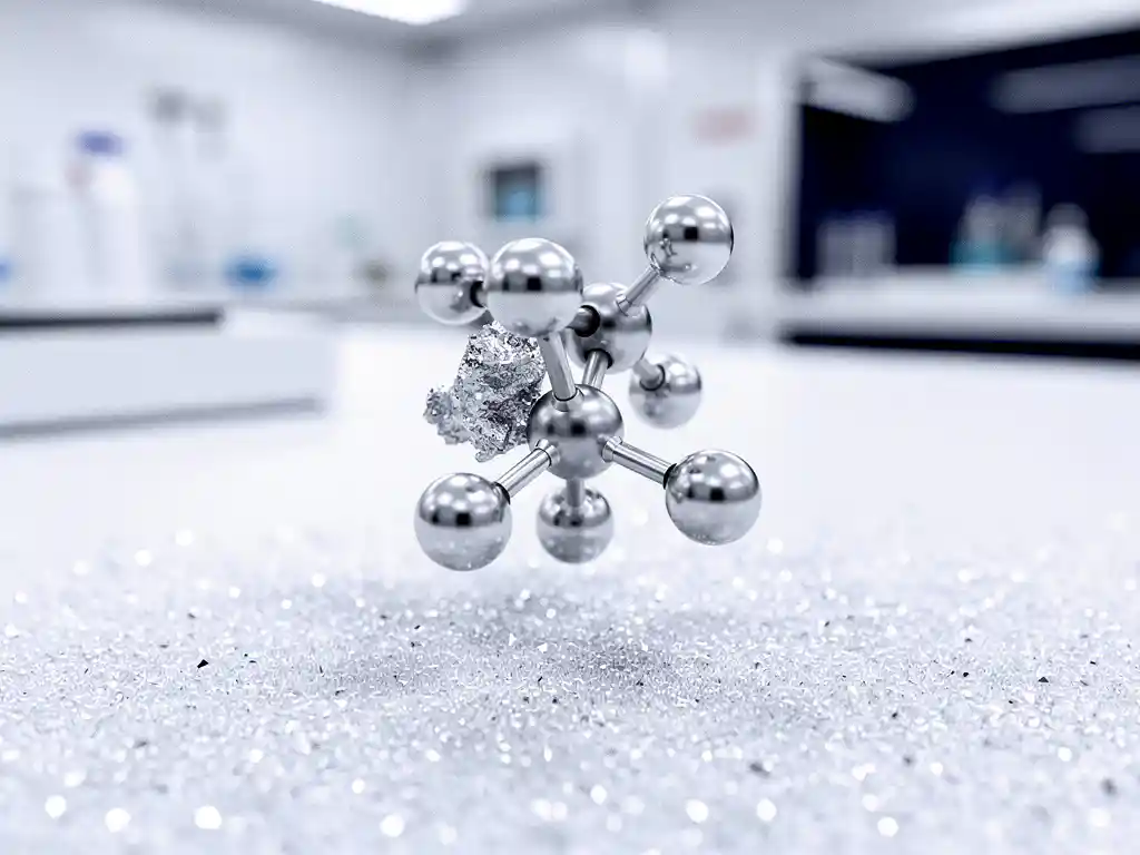 Silver ion particle suspended above a sterile cleanroom surface, illuminated by cold blue-white laboratory light with metallic specular highlights.