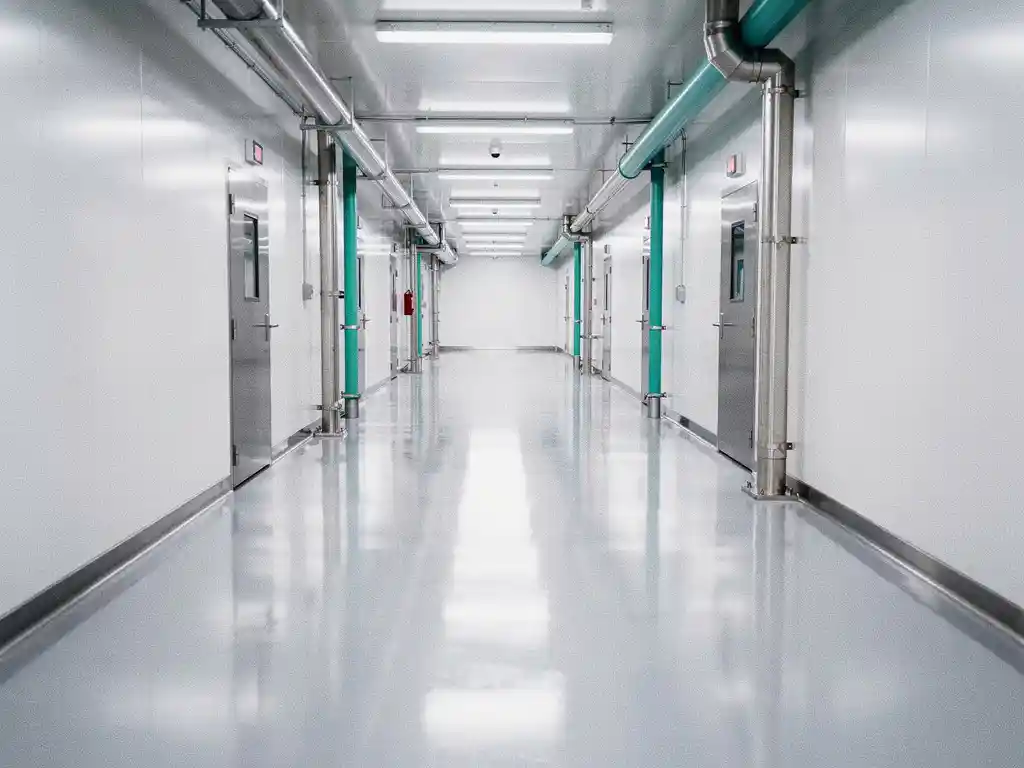 Sterile stainless steel food processing facility corridor with polished reflective floors and bright clinical white lighting.