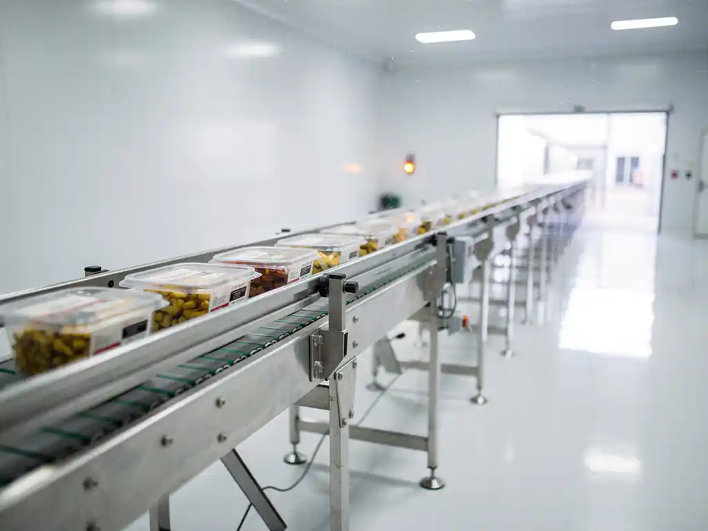 Stainless steel food packaging conveyor line with sealed containers moving through a bright industrial facility, amber warning light in background.