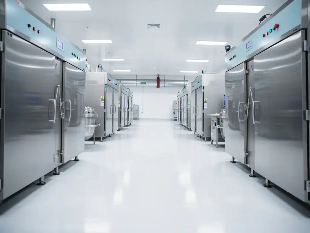 Empty stainless steel food processing facility with white epoxy floors, industrial equipment, and fluorescent lighting conveying strict hygiene standards.