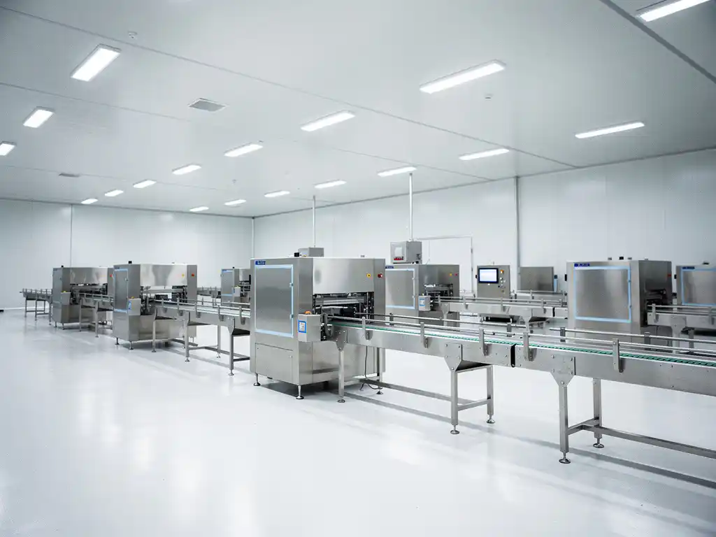 Spotless stainless steel food processing facility with white epoxy floors, idle conveyor equipment, and clinical overhead lighting.