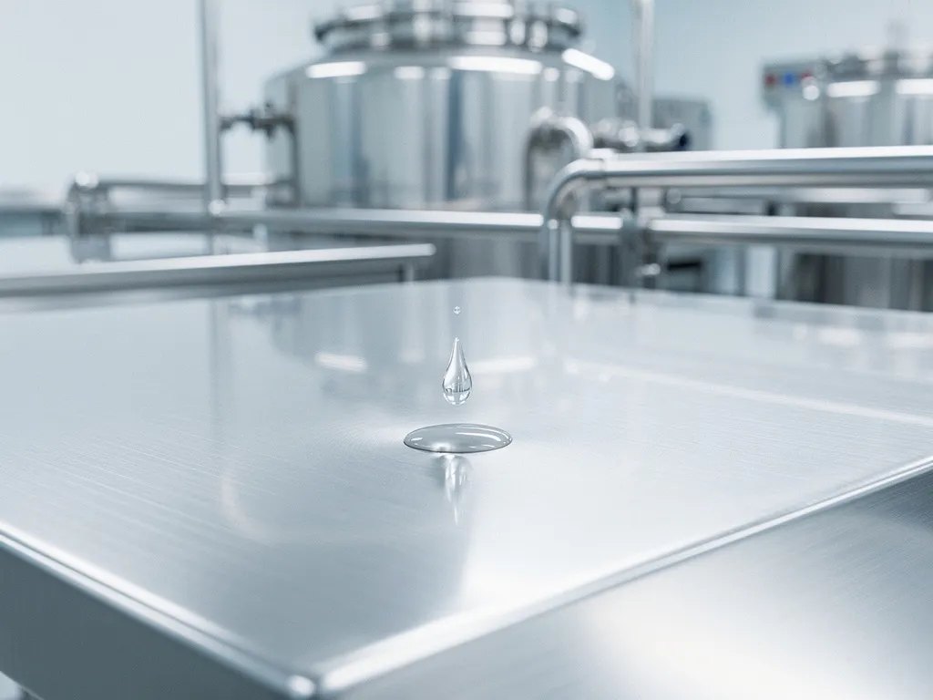Stainless steel food processing surface with a single water droplet mid-fall, polished chrome equipment in sterile industrial background.