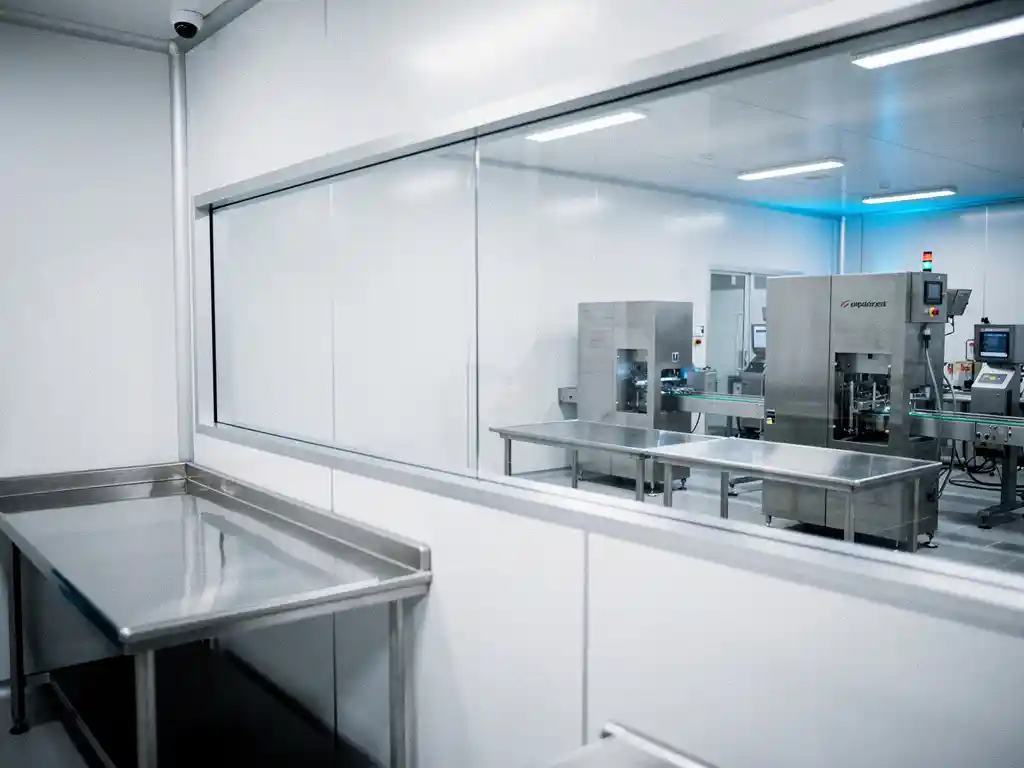Stainless steel food production facility with glass partition separating raw prep counter from sterile packaging station under fluorescent lighting.