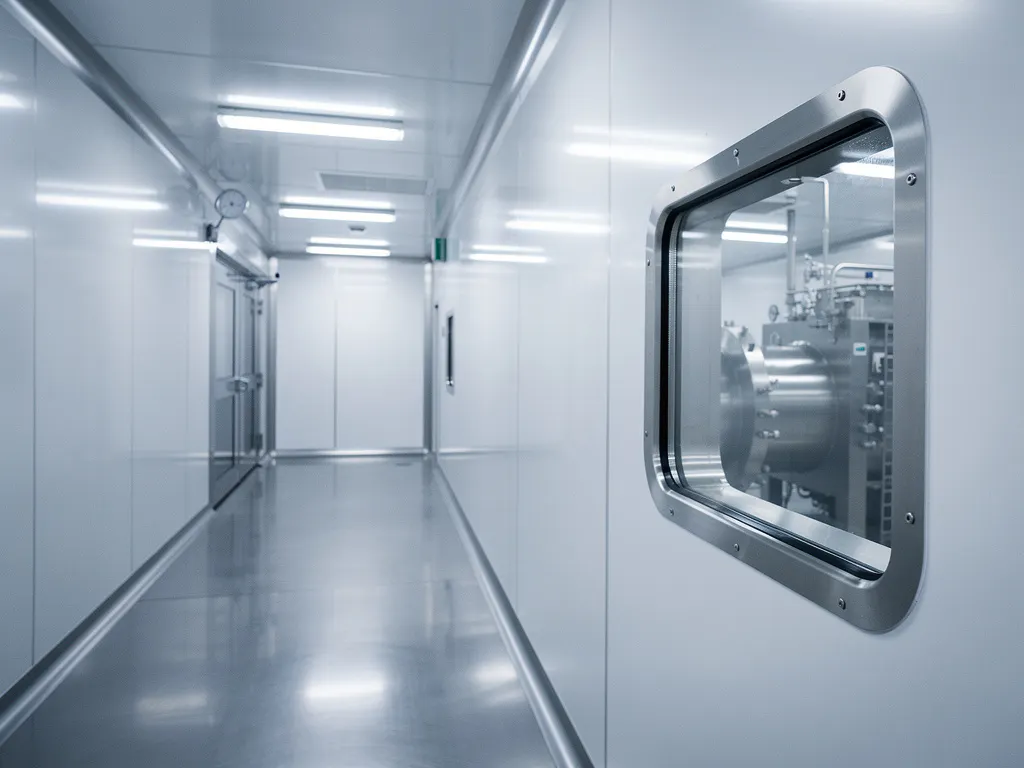 Sterile stainless steel food production facility corridor with polished surfaces, white walls, and a sealed inspection window under cool overhead lighting.