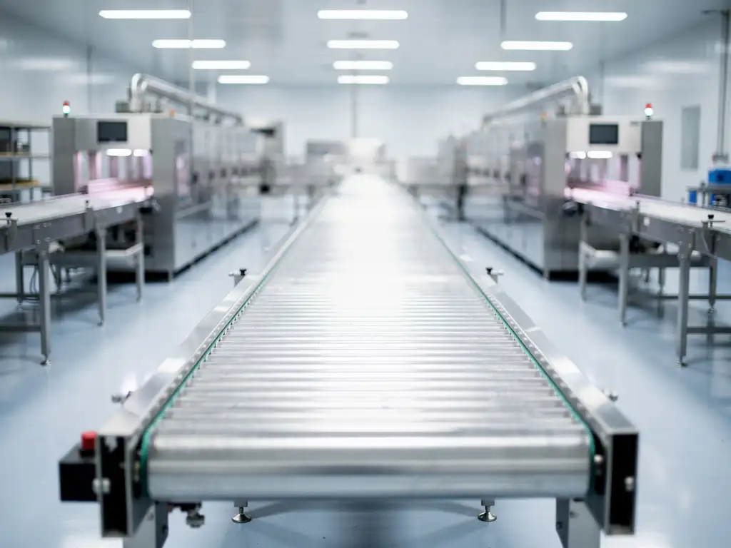 Stainless steel food production conveyor line in a sterile industrial facility under bright fluorescent lighting.