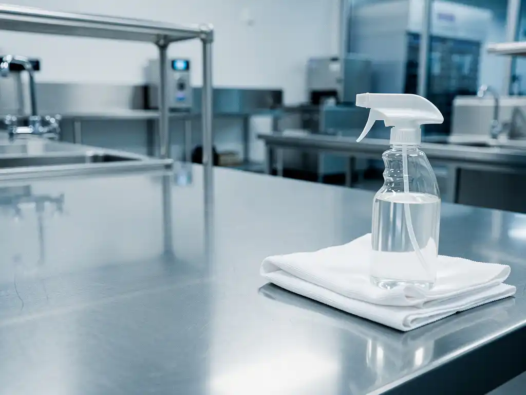 Stainless steel food processing surface with spray bottle and microfiber cloth in a sterile industrial kitchen.