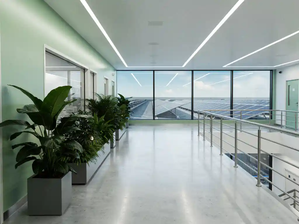 Sustainable pharmaceutical manufacturing corridor with LED lighting, potted plants, and solar panels visible through industrial windows.