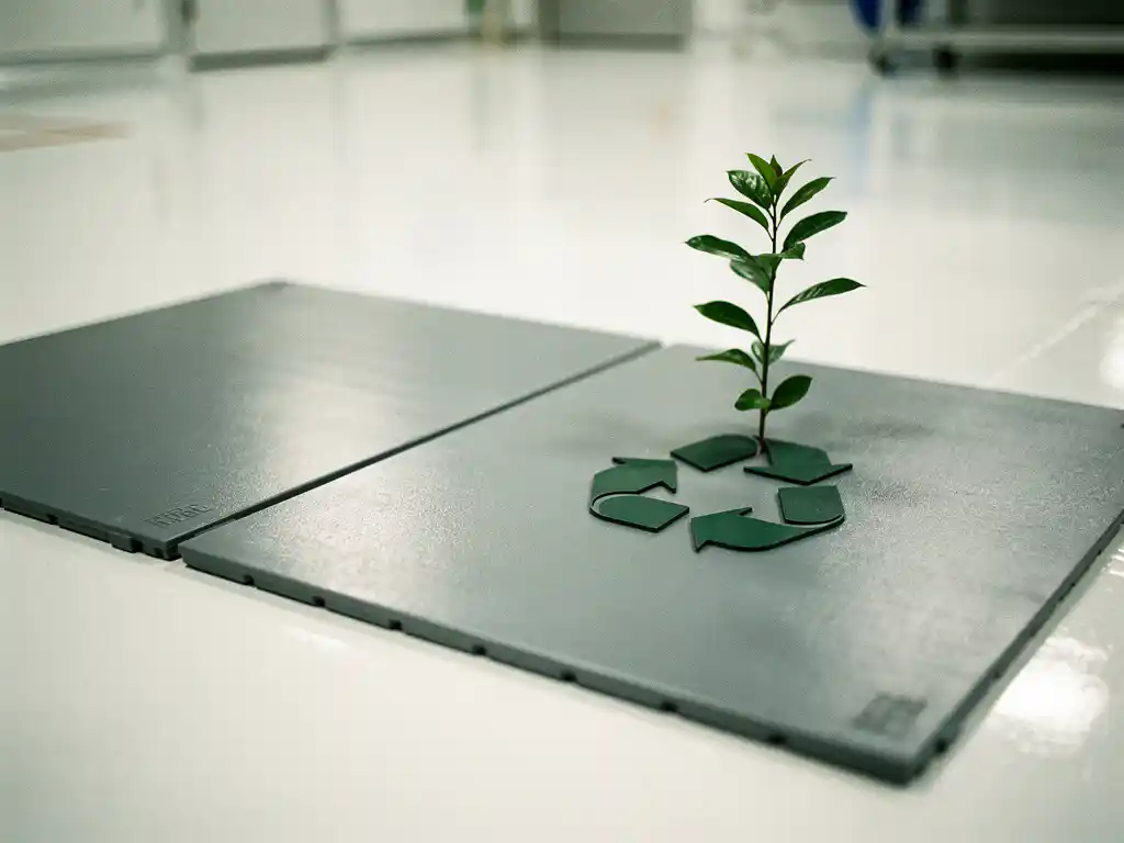 Industrial polymer floor tiles in a cleanroom with a green sapling growing from an embossed recycling symbol, highlighting sustainable materials.