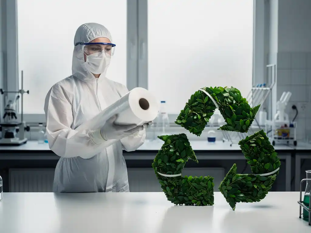 Scientist in cleanroom suit holding a reusable polymer roll beside a green leaf recycling symbol on a white laboratory bench.
