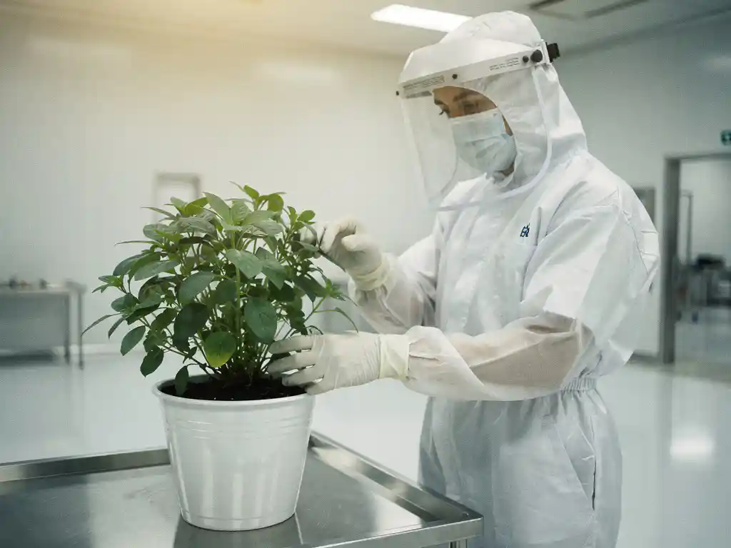 Techniker im Reinraumanzug pflegt grüne Pflanze in steriler Pharmafabrik mit weißen Wänden und glänzendem Boden.