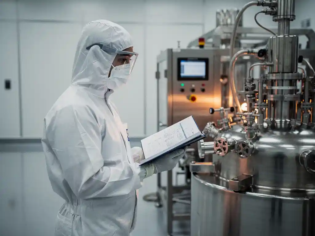 Reinraumtechniker in weißem Schutzanzug prüft Wartungsprotokoll neben Präzisionsfertigungsanlage aus Edelstahl.
