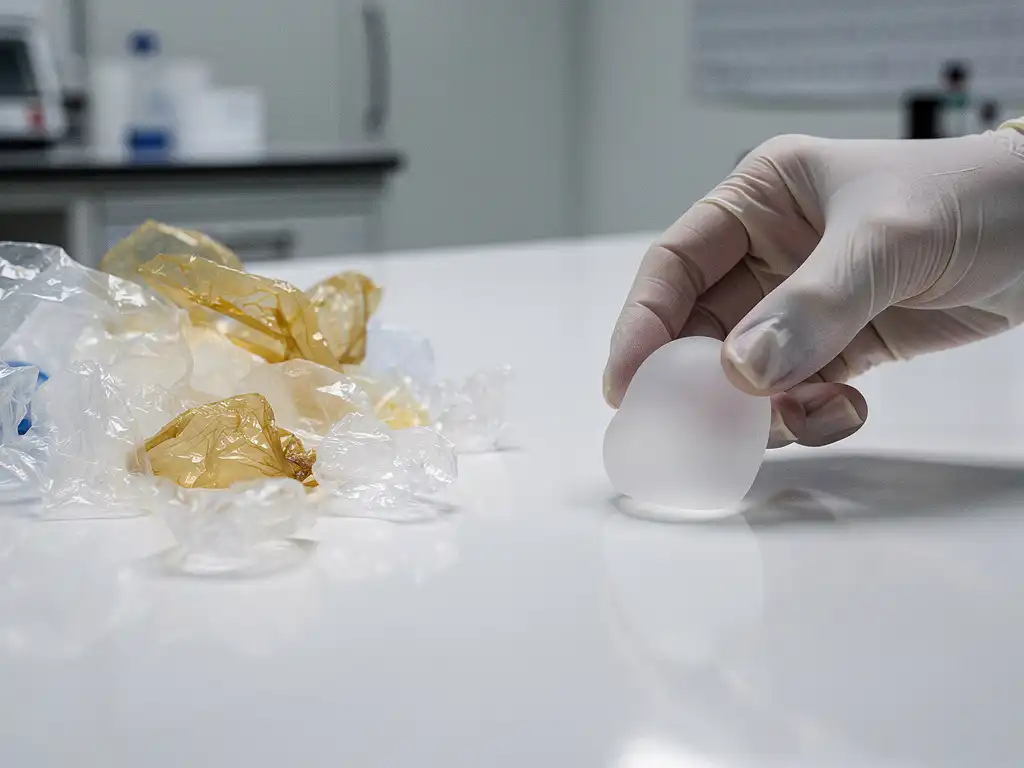 Behandschuhte Hand legt wiederverwendbares Polymerbauteil auf Labortisch neben zerknülltem Einwegplastikabfall, Nahaufnahme.