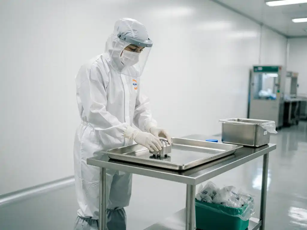 Reinraumtechniker in weißer Schutzkleidung platziert wiederverwendbares Polymerbauteil in steriles Edelstahltablett.