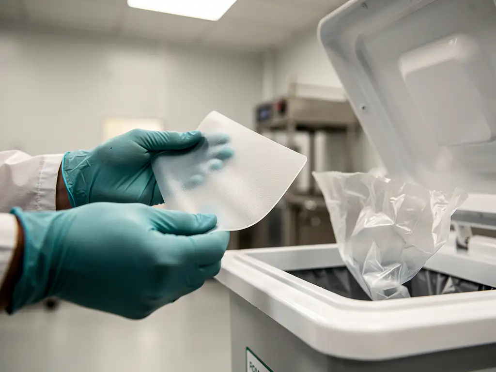 Behandschuhte Hände halten ein wiederverwendbares antimikrobielles Polymerblatt neben weggeworfenem Einwegmaterial im pharmazeutischen Reinraum.
