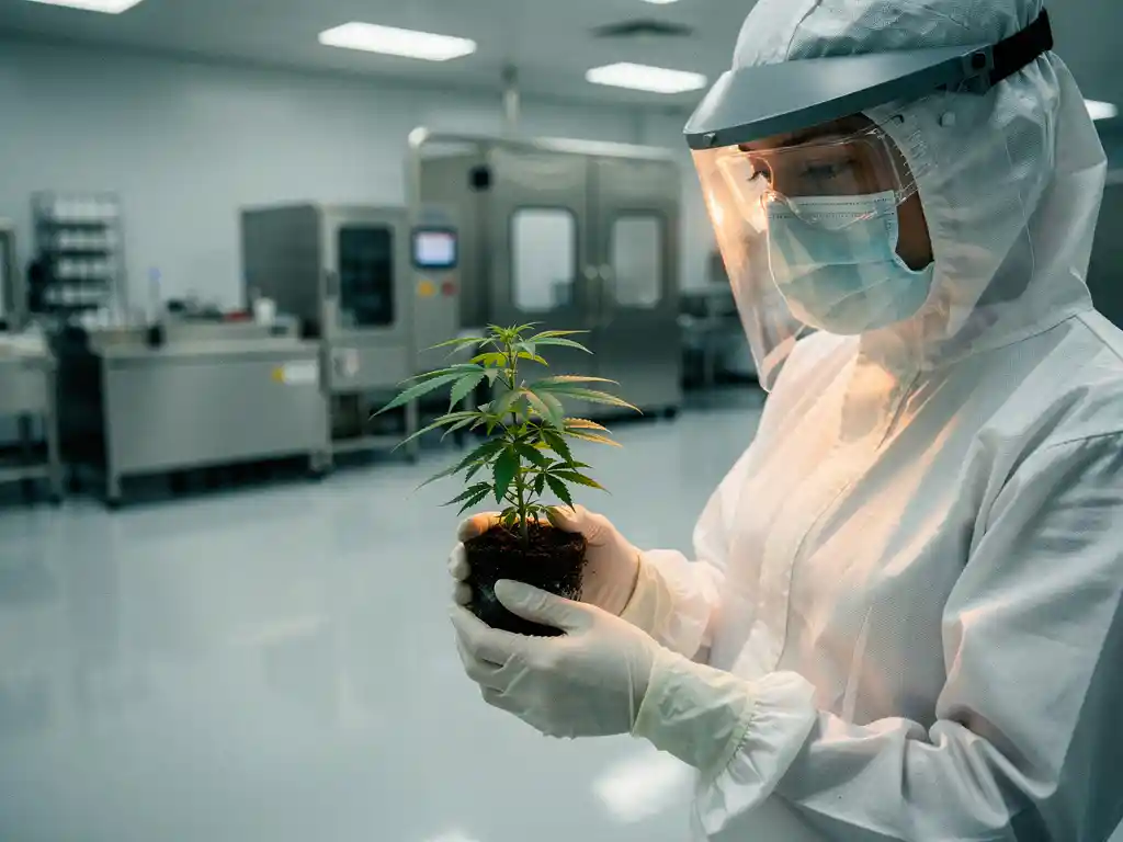 Wissenschaftler in Schutzkleidung platziert grüne Pflanze in steriler Pharmaanlage mit Edelstahlausrüstung im Hintergrund.